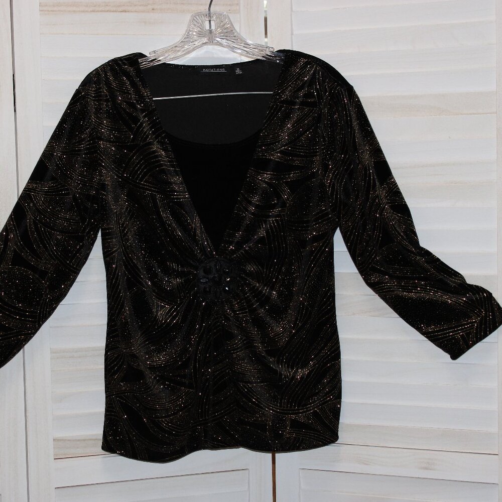 Y2k Notations Womens Medium Black Velvet Gold Glitter Top Whimsigoth Glam - Picture 3 of 9